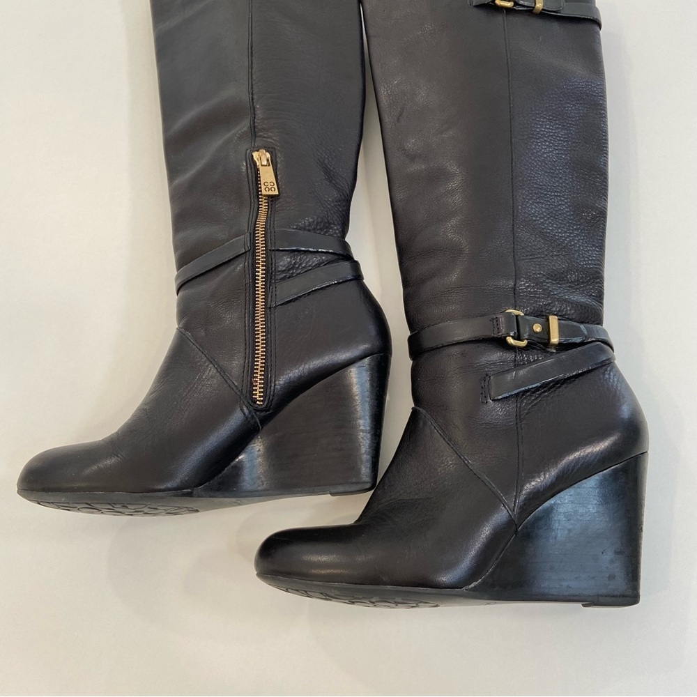 Coach Adair Tall Wedge Boots Black Leather Gold-Tone Hardware Round Toe Women’s